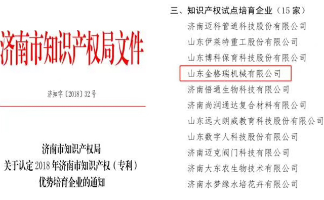 山东草莓视频APP网址进入18在线机械有限公司为知识产权试点培育企业 山东草莓视频APP网址进入18在线机械有限公司为知识产权试点培育企业